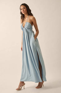 Blue Bayou Denim Tie-Back Halter Maxi Dress - ShopPromesa
