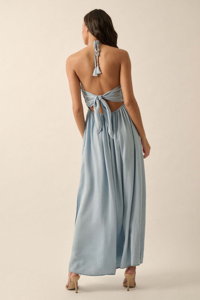 Blue Bayou Denim Tie-Back Halter Maxi Dress - ShopPromesa