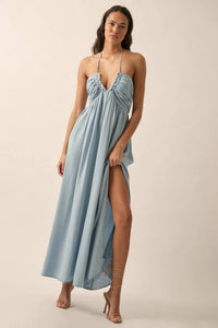 Blue Bayou Denim Tie-Back Halter Maxi Dress - ShopPromesa