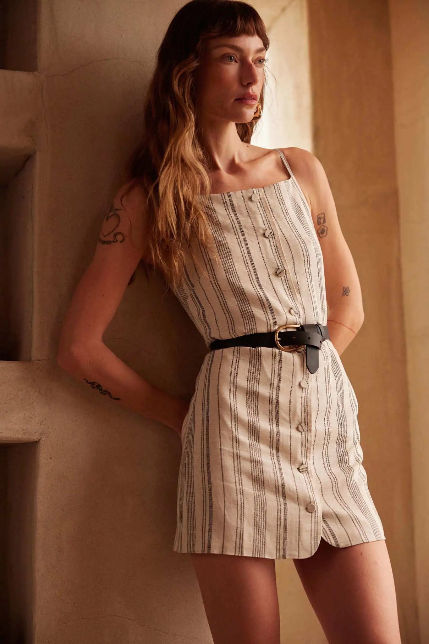 Play Along Pinstripe Button-Front Mini Dress Natural / L Play Along Pinstripe Button-Front Mini Dress Natural / L