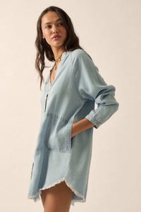 Blue Monday Raw-Edge Denim Mini Shirt Dress - ShopPromesa
