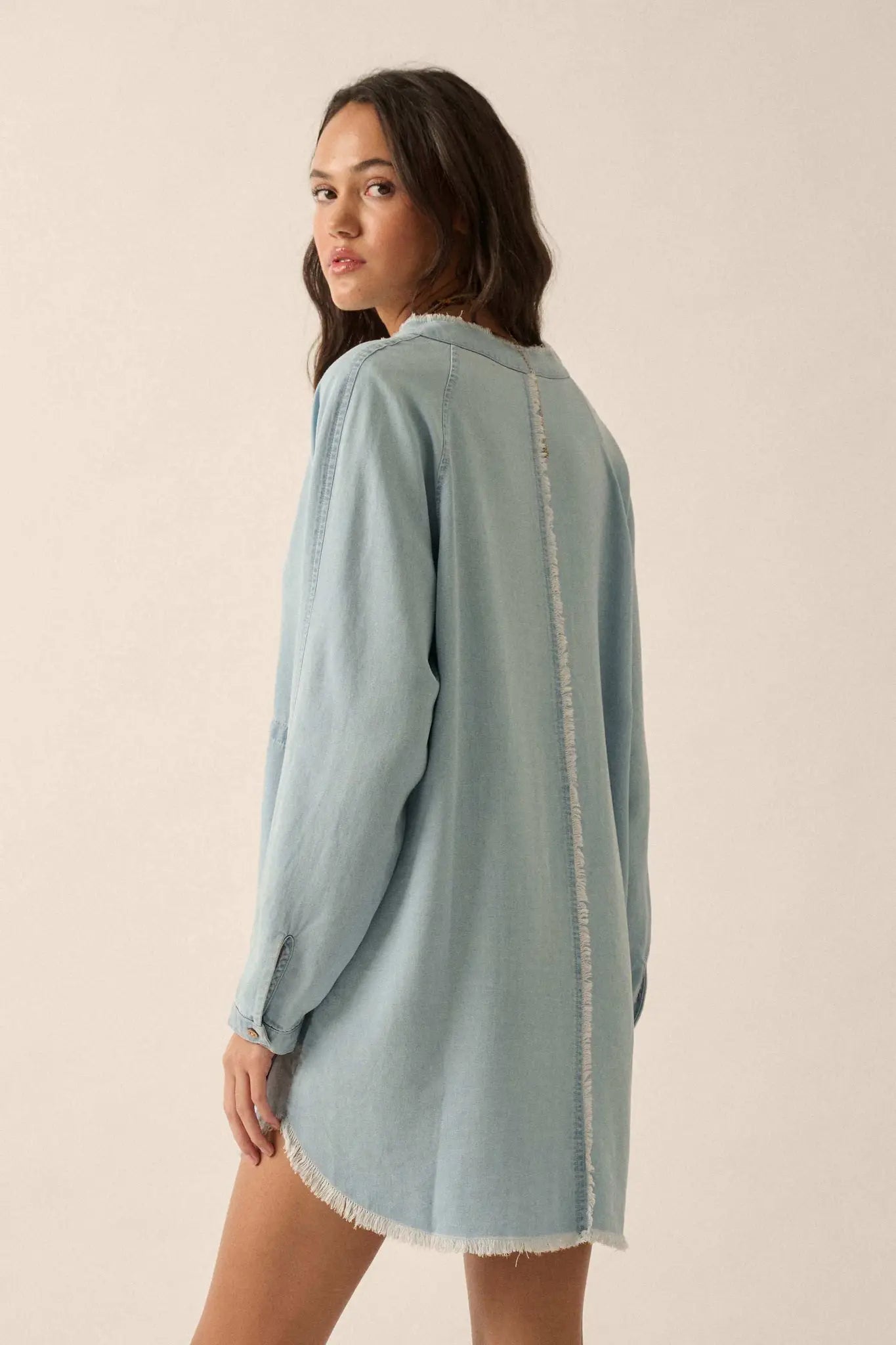 Blue Monday Raw-Edge Denim Mini Shirt Dress Light Chambray / S Blue Monday Raw-Edge Denim Mini Shirt Dress Light Chambray / S