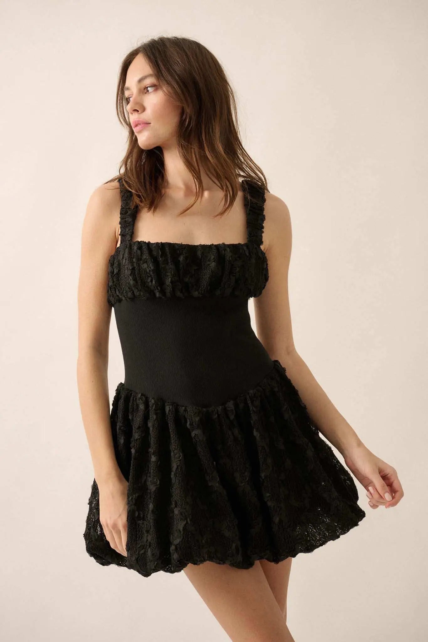 Bubbly Blooms 3D Floral Lace Bubble Mini Dress Black / L Bubbly Blooms 3D Floral Lace Bubble Mini Dress Black / L