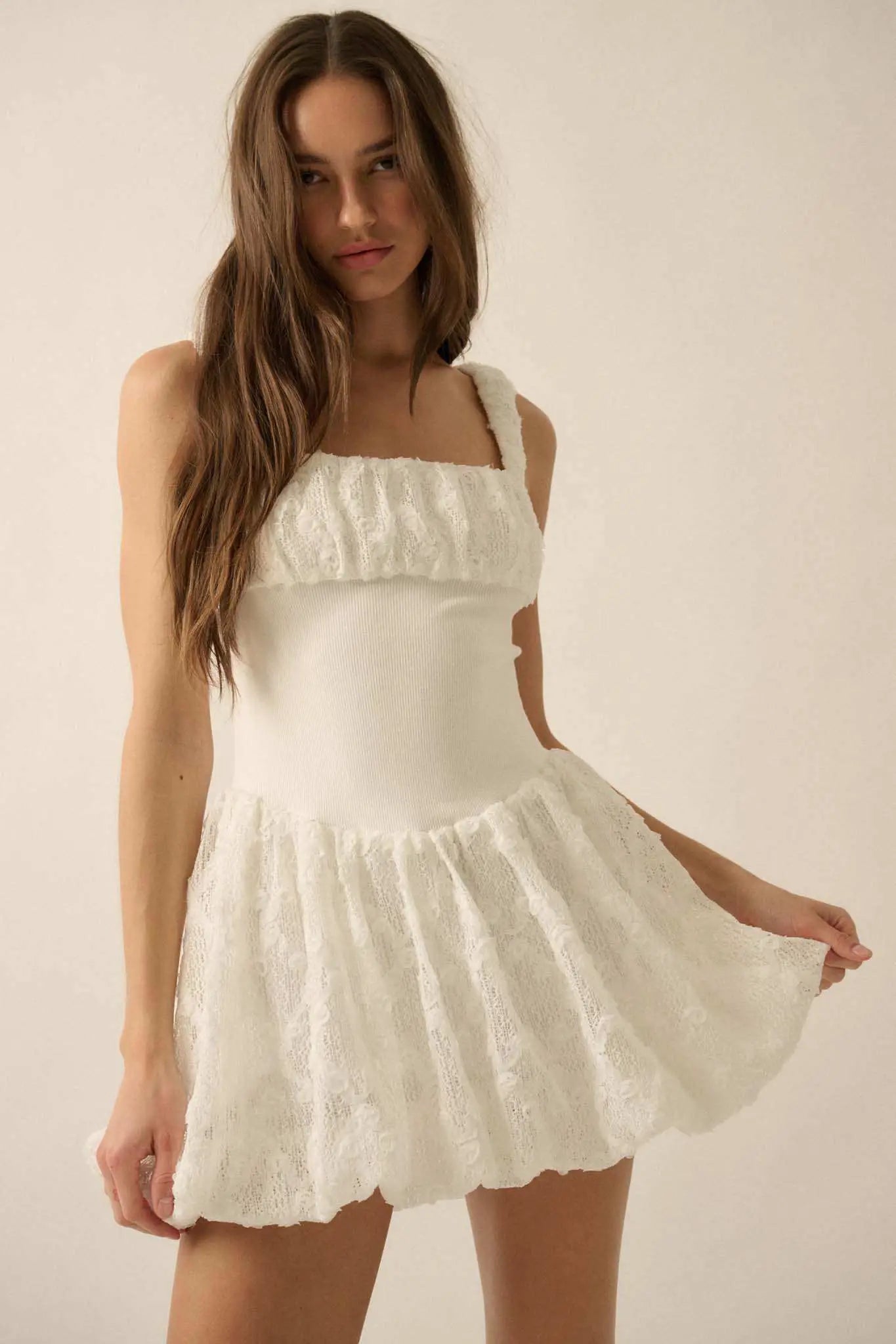 Bubbly Blooms 3D Floral Lace Bubble Mini Dress Off White / M Bubbly Blooms 3D Floral Lace Bubble Mini Dress Off White / M