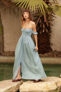 Cloud Nine Smocked Denim Off-Shoulder Maxi Dress - ShopPromesa