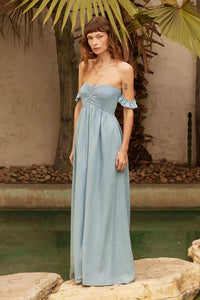 Cloud Nine Smocked Denim Off-Shoulder Maxi Dress - ShopPromesa