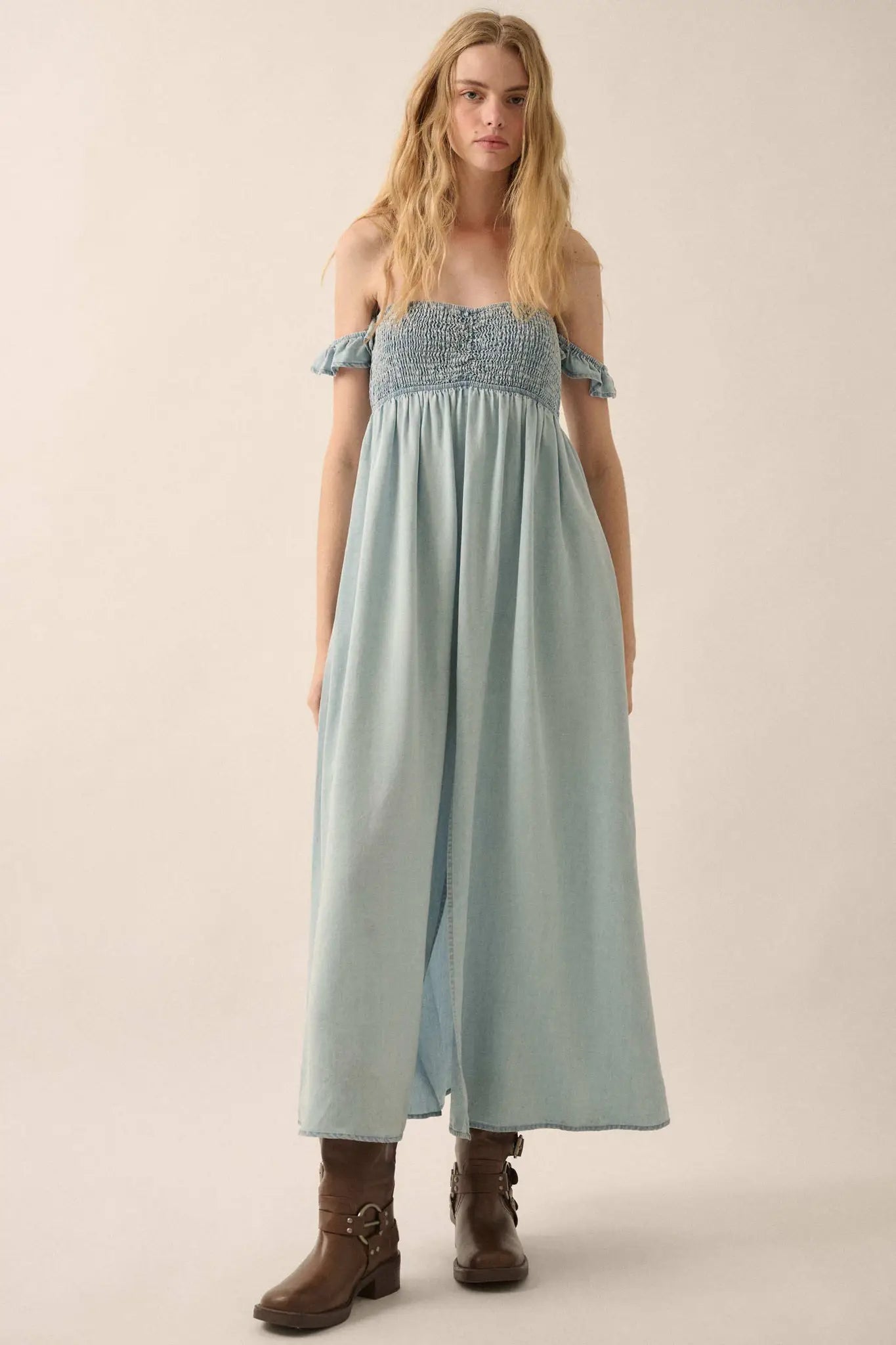 Cloud Nine Smocked Denim Off-Shoulder Maxi Dress Cloud Nine Smocked Denim Off-Shoulder Maxi Dress