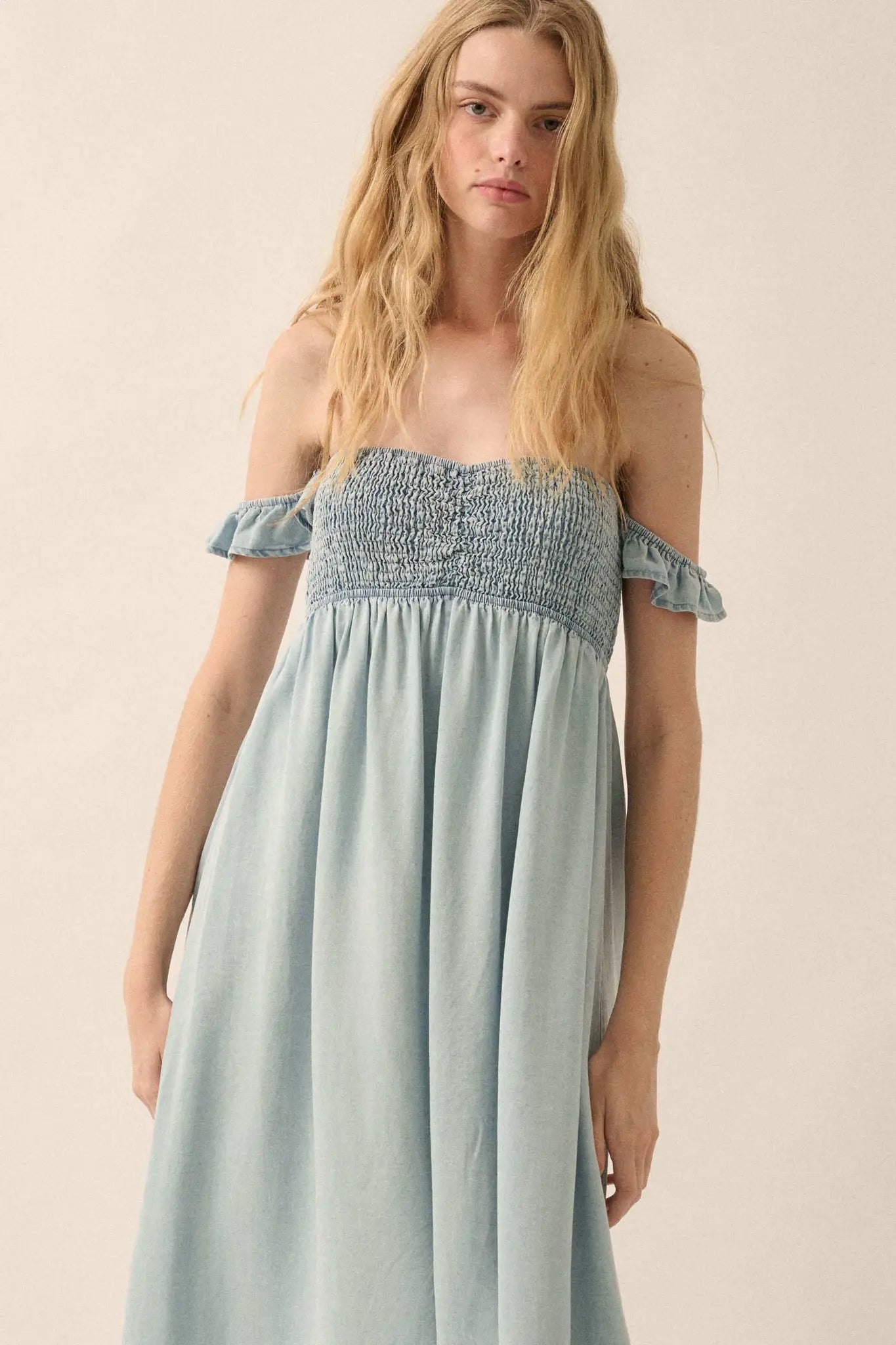 Cloud Nine Smocked Denim Off-Shoulder Maxi Dress - ShopPromesa