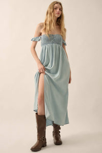 Cloud Nine Smocked Denim Off-Shoulder Maxi Dress - ShopPromesa