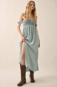 Cloud Nine Smocked Denim Off-Shoulder Maxi Dress - ShopPromesa