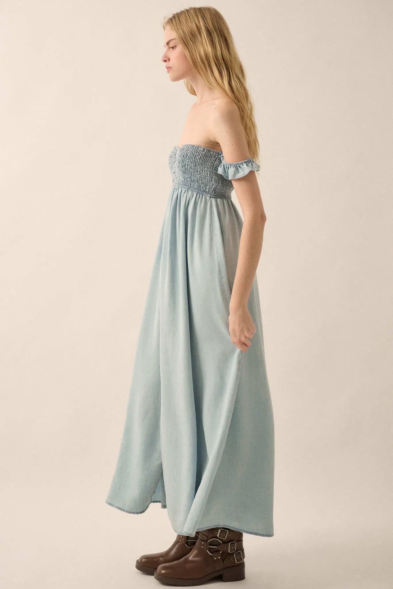 Cloud Nine Smocked Denim Off-Shoulder Maxi Dress - ShopPromesa
