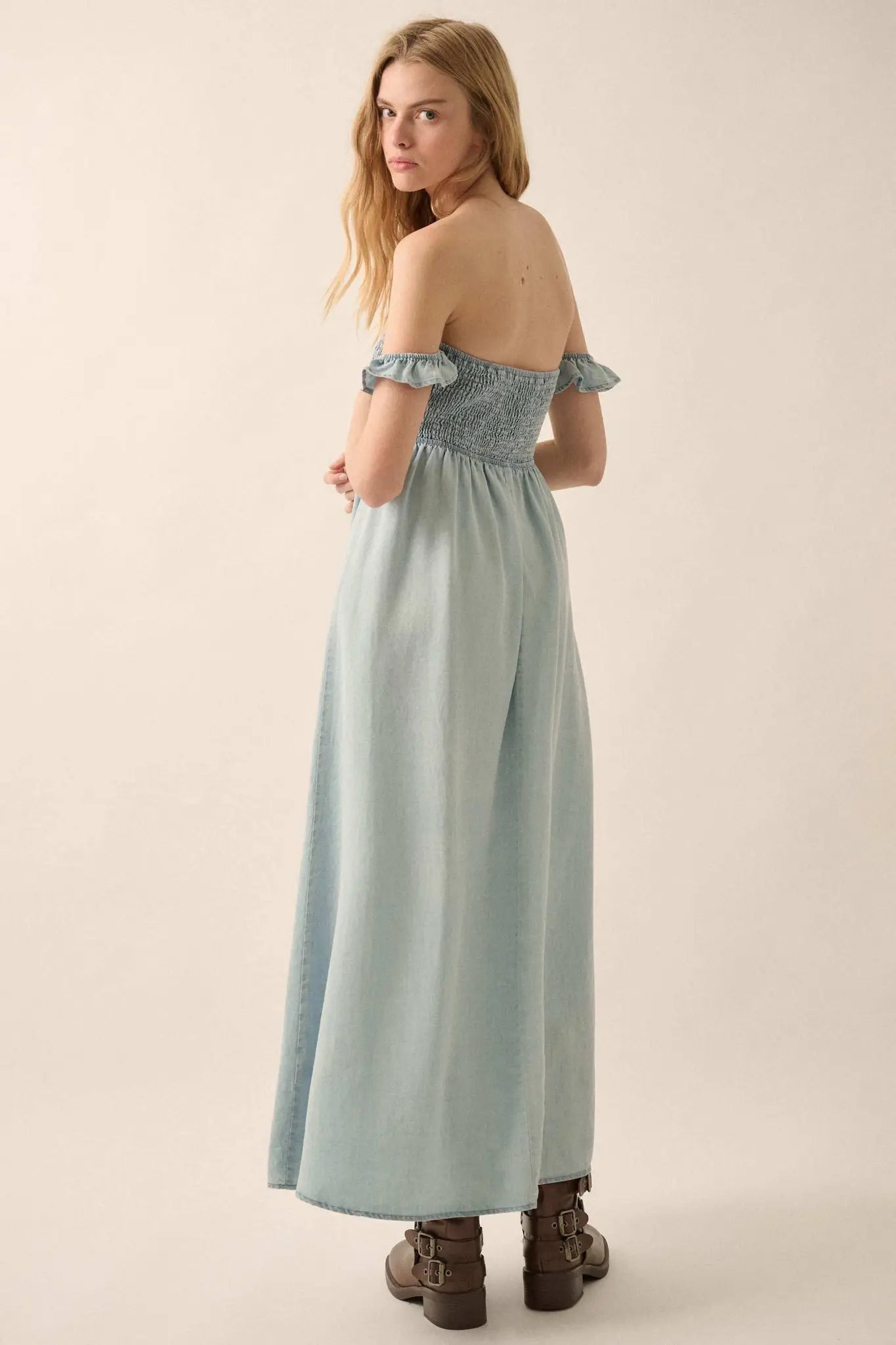 Cloud Nine Smocked Denim Off-Shoulder Maxi Dress Cloud Nine Smocked Denim Off-Shoulder Maxi Dress