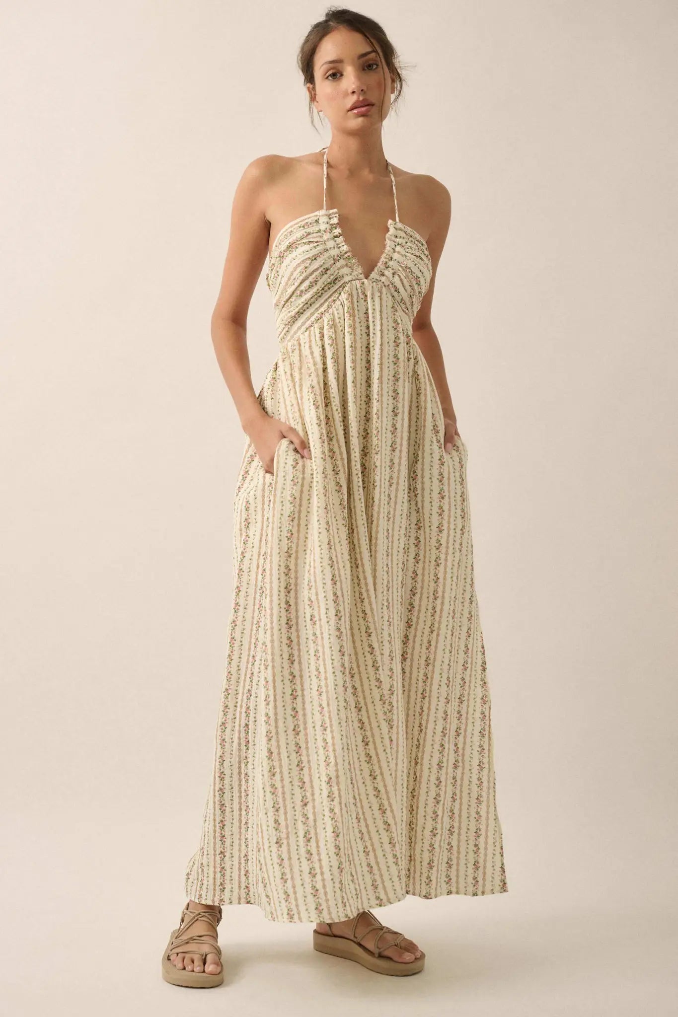 Trellis Blossoms Floral Gauze Halter Maxi Dress - ShopPromesa