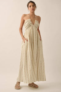 Trellis Blossoms Floral Gauze Halter Maxi Dress - ShopPromesa