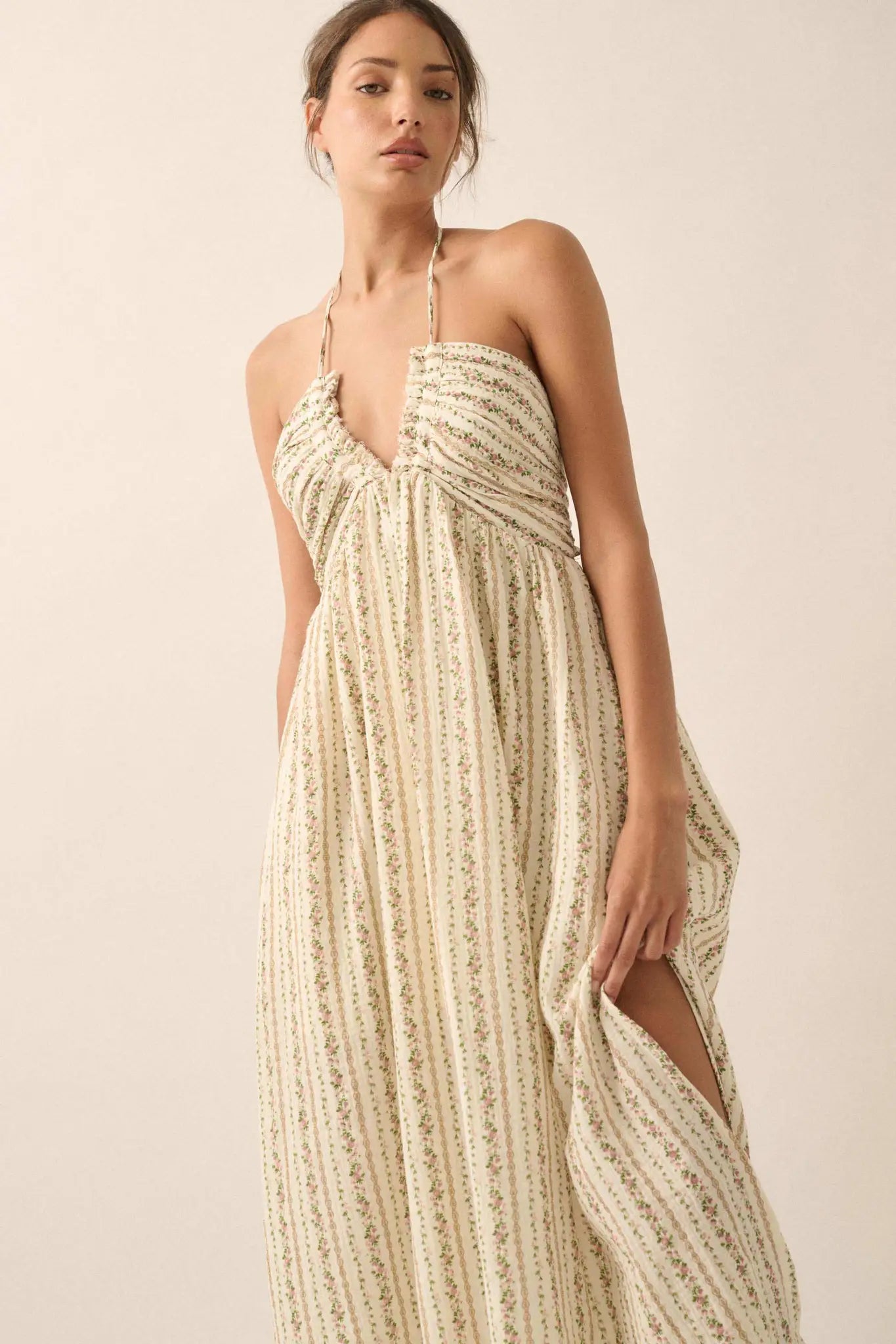 Trellis Blossoms Floral Gauze Halter Maxi Dress - ShopPromesa