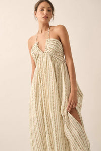 Trellis Blossoms Floral Gauze Halter Maxi Dress - ShopPromesa