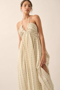 Trellis Blossoms Floral Gauze Halter Maxi Dress - ShopPromesa