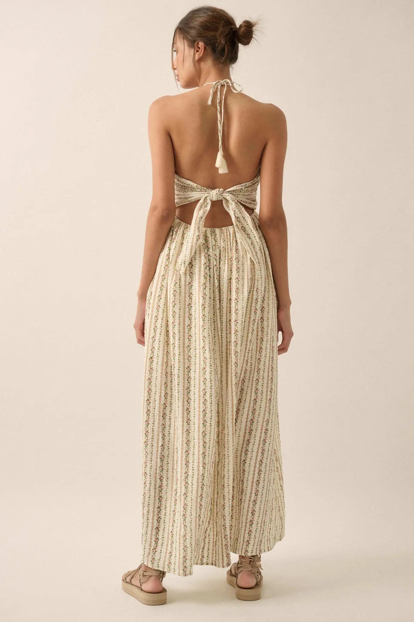 Trellis Blossoms Floral Gauze Halter Maxi Dress - ShopPromesa