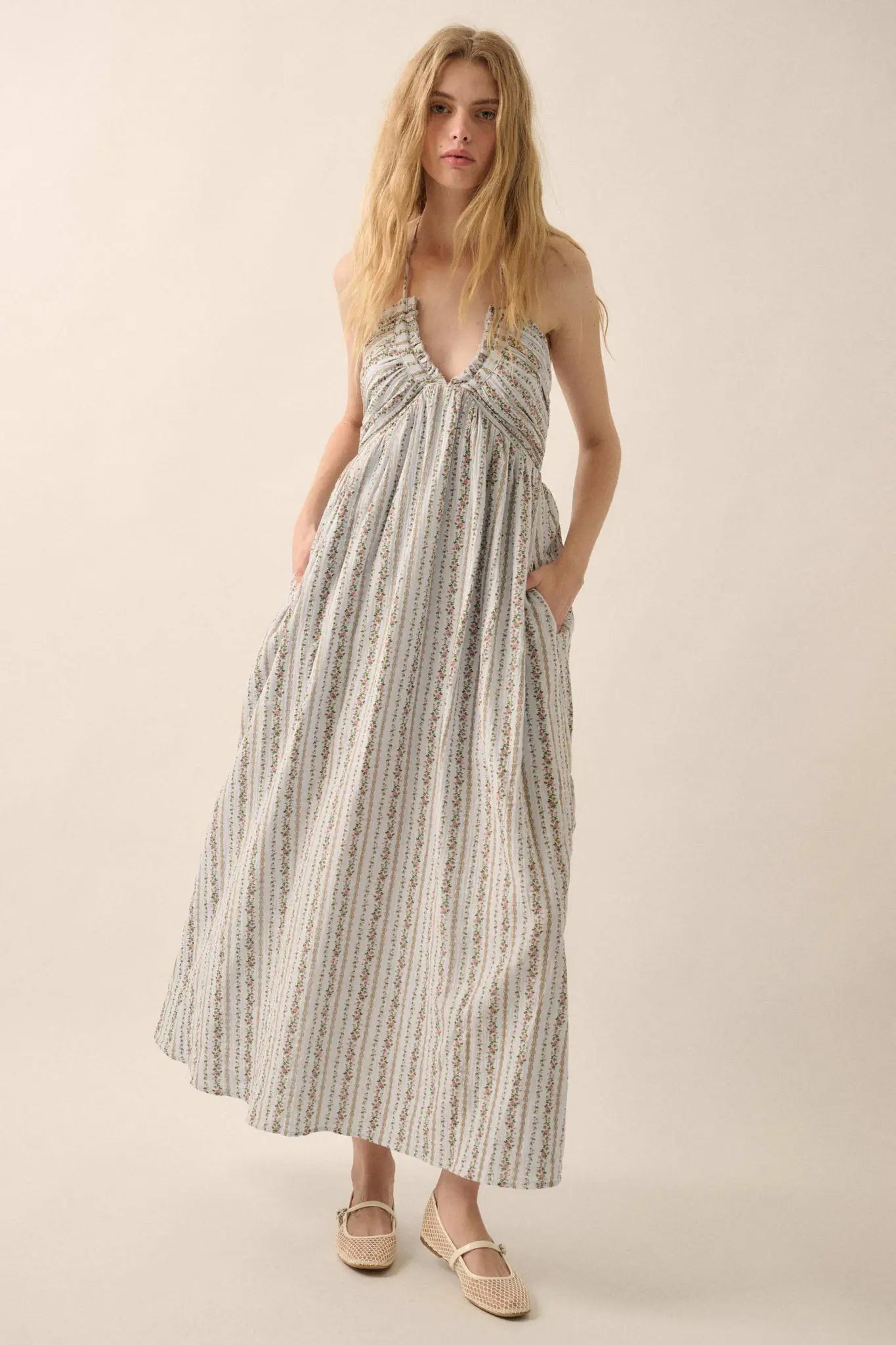 Trellis Blossoms Floral Gauze Halter Maxi Dress - ShopPromesa