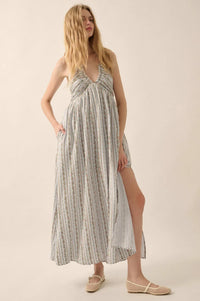 Trellis Blossoms Floral Gauze Halter Maxi Dress - ShopPromesa