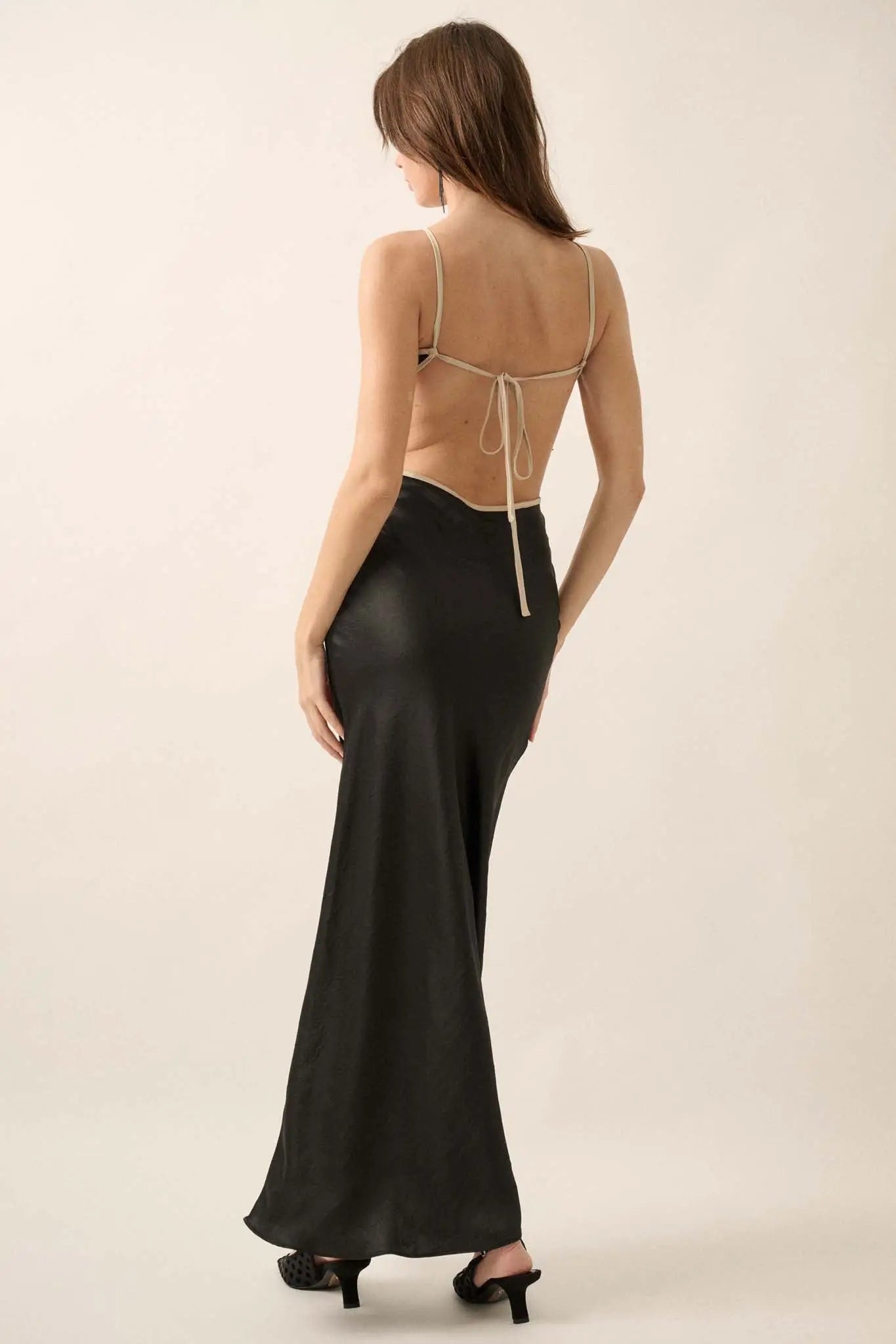 Silken Touch Textured Satin Open-Back Maxi Dress Black / L