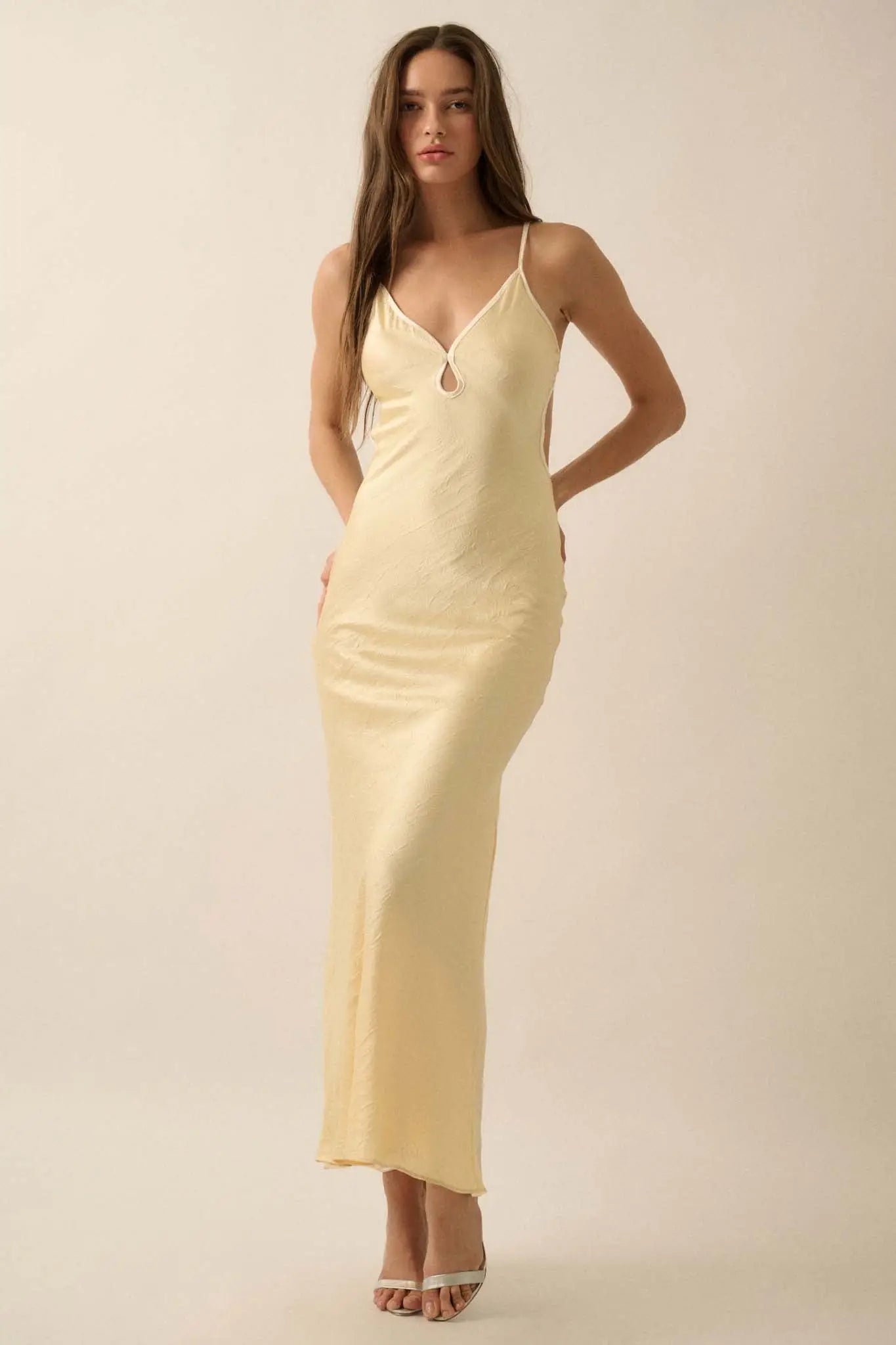 Silken Touch Textured Satin Open-Back Maxi Dress, Butter Yellow / S Silken Touch Textured Satin Open-Back Maxi Dress, Butter Yellow / S