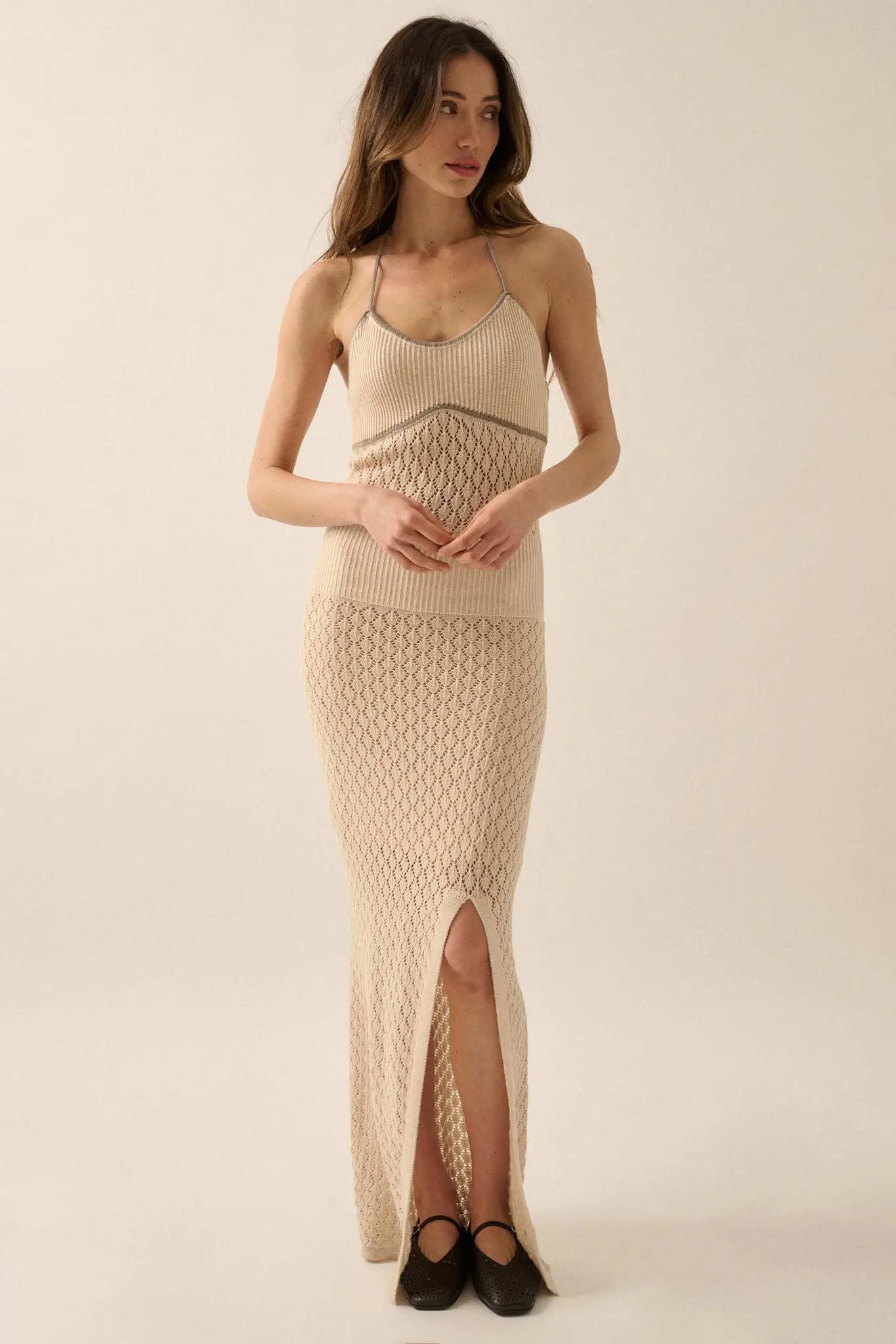 beige crochet maxi dress Cassidy Dress Pointelle Knit Maxi Dress