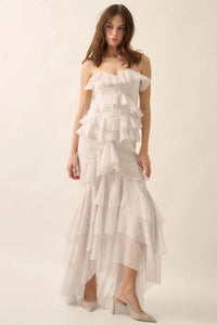 Opal Glow Strapless Iridescent Ruffle Maxi Dress - ShopPromesa