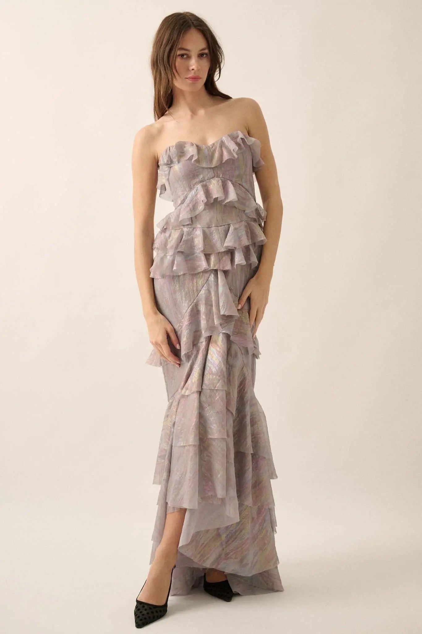 Opal Glow Strapless Iridescent Ruffle Maxi Dress Pearl White / L Opal Glow Strapless Iridescent Ruffle Maxi Dress Pearl White / L