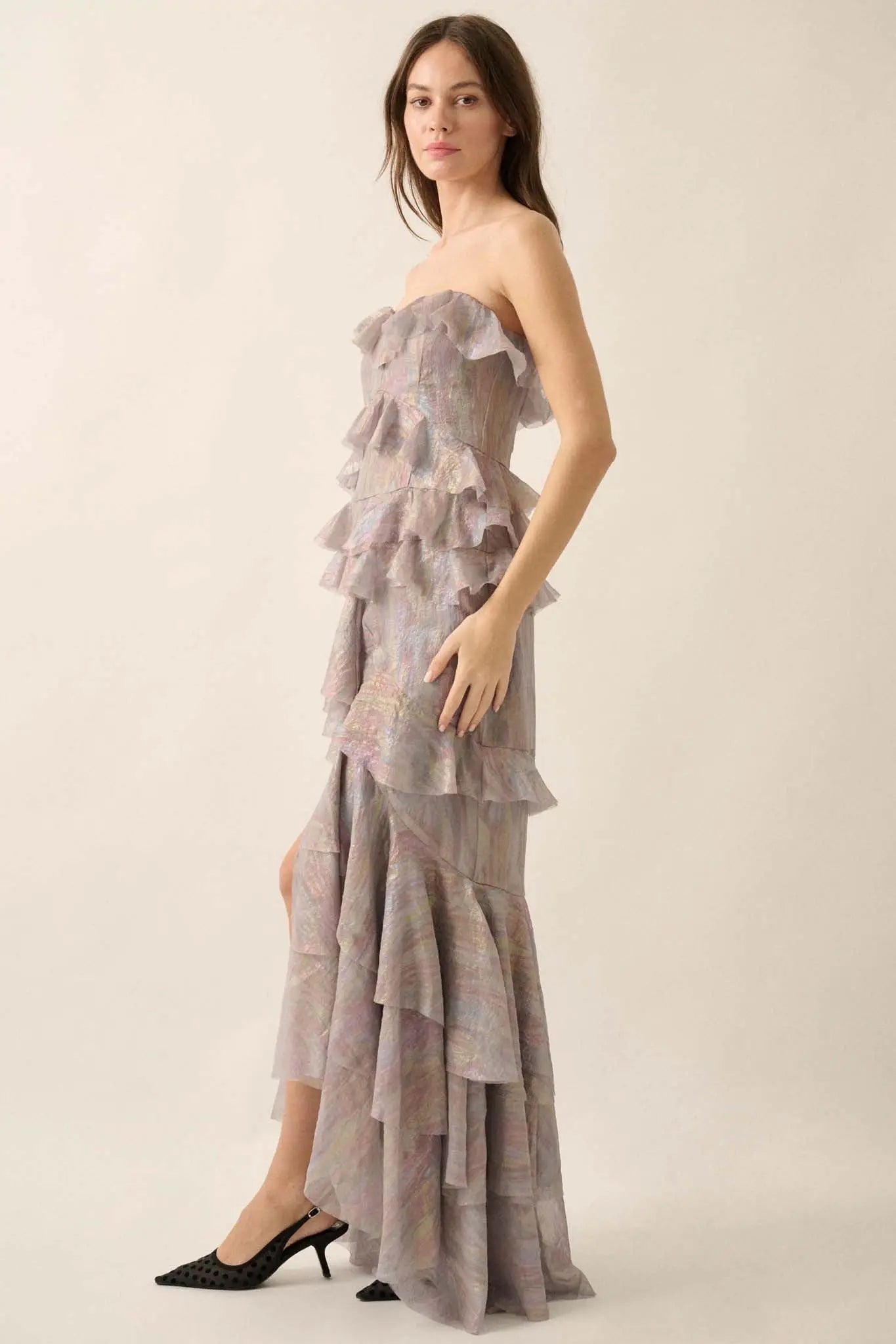 Opal Glow Strapless Iridescent Ruffle Maxi Dress Pearl White / L Opal Glow Strapless Iridescent Ruffle Maxi Dress Pearl White / L