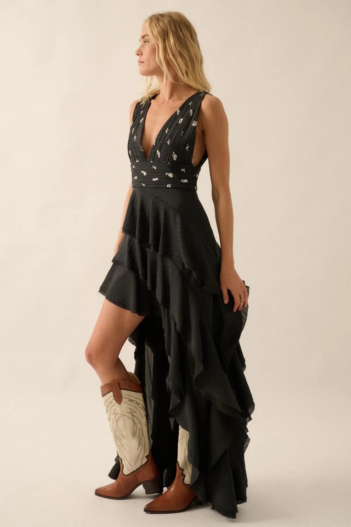 All for You Asymmetrical Tiered Ruffle Maxi Dress Black / M All for You Asymmetrical Tiered Ruffle Maxi Dress Black / M