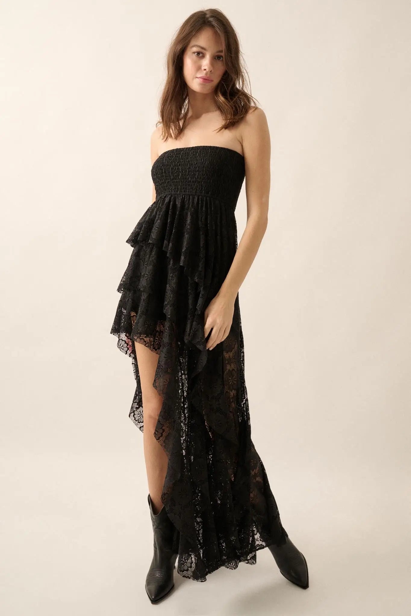 Ever After Asymmetrical Lace Strapless Maxi Dress Black / M Ever After Asymmetrical Lace Strapless Maxi Dress Black / M