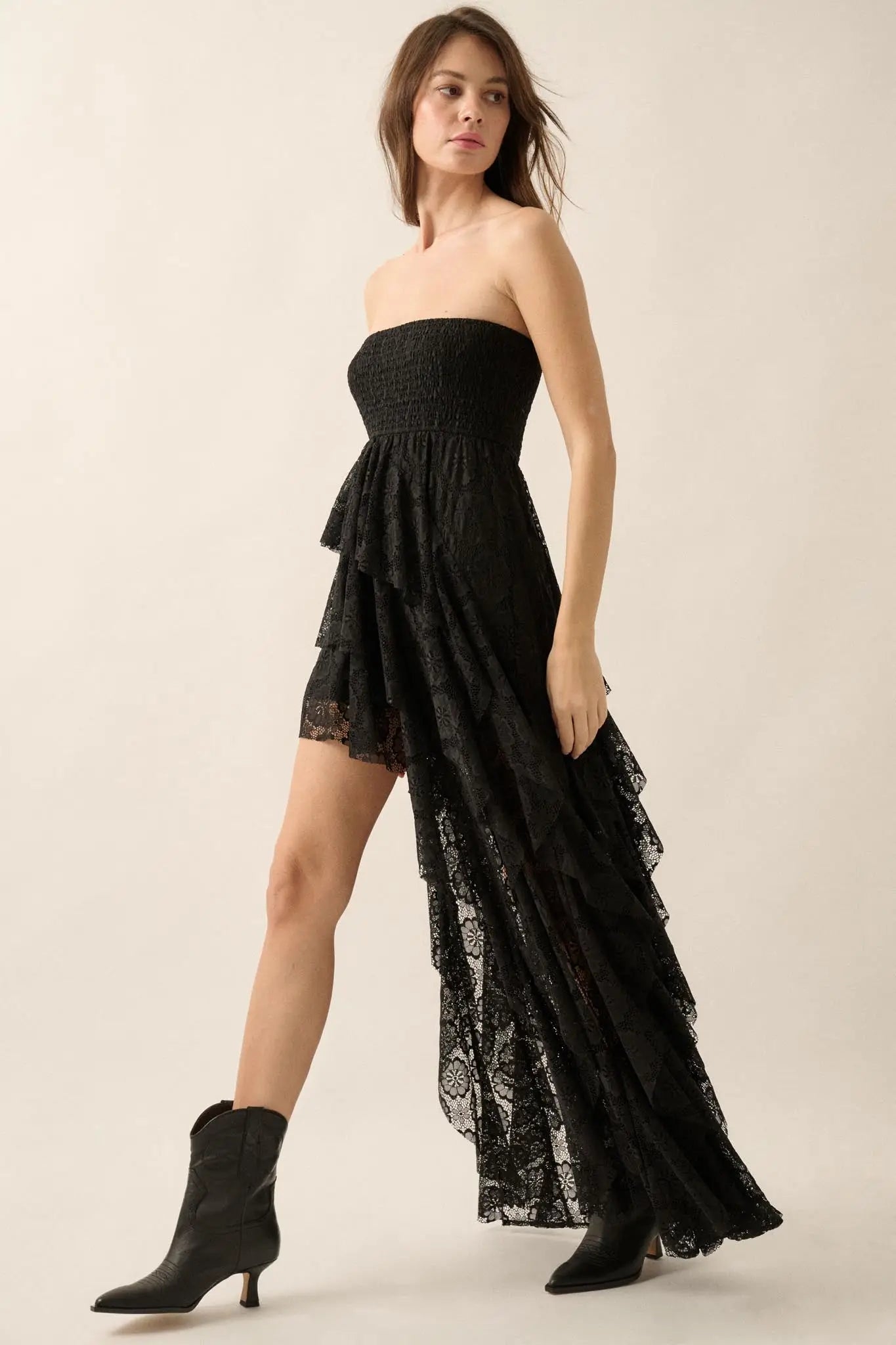 Ever After Asymmetrical Lace Strapless Maxi Dress Black / M Ever After Asymmetrical Lace Strapless Maxi Dress Black / M
