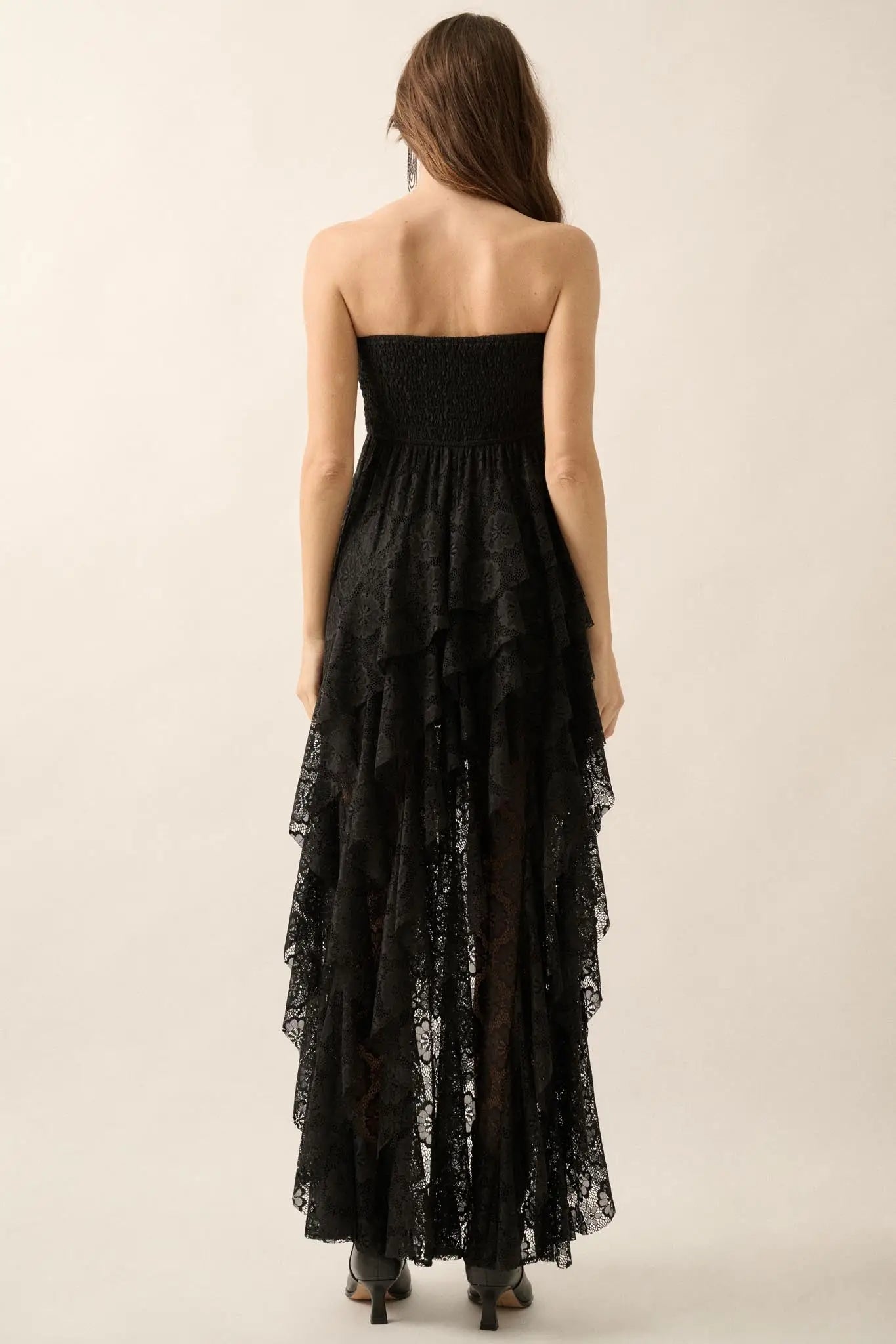 Ever After Asymmetrical Lace Strapless Maxi Dress Black / M Ever After Asymmetrical Lace Strapless Maxi Dress Black / M