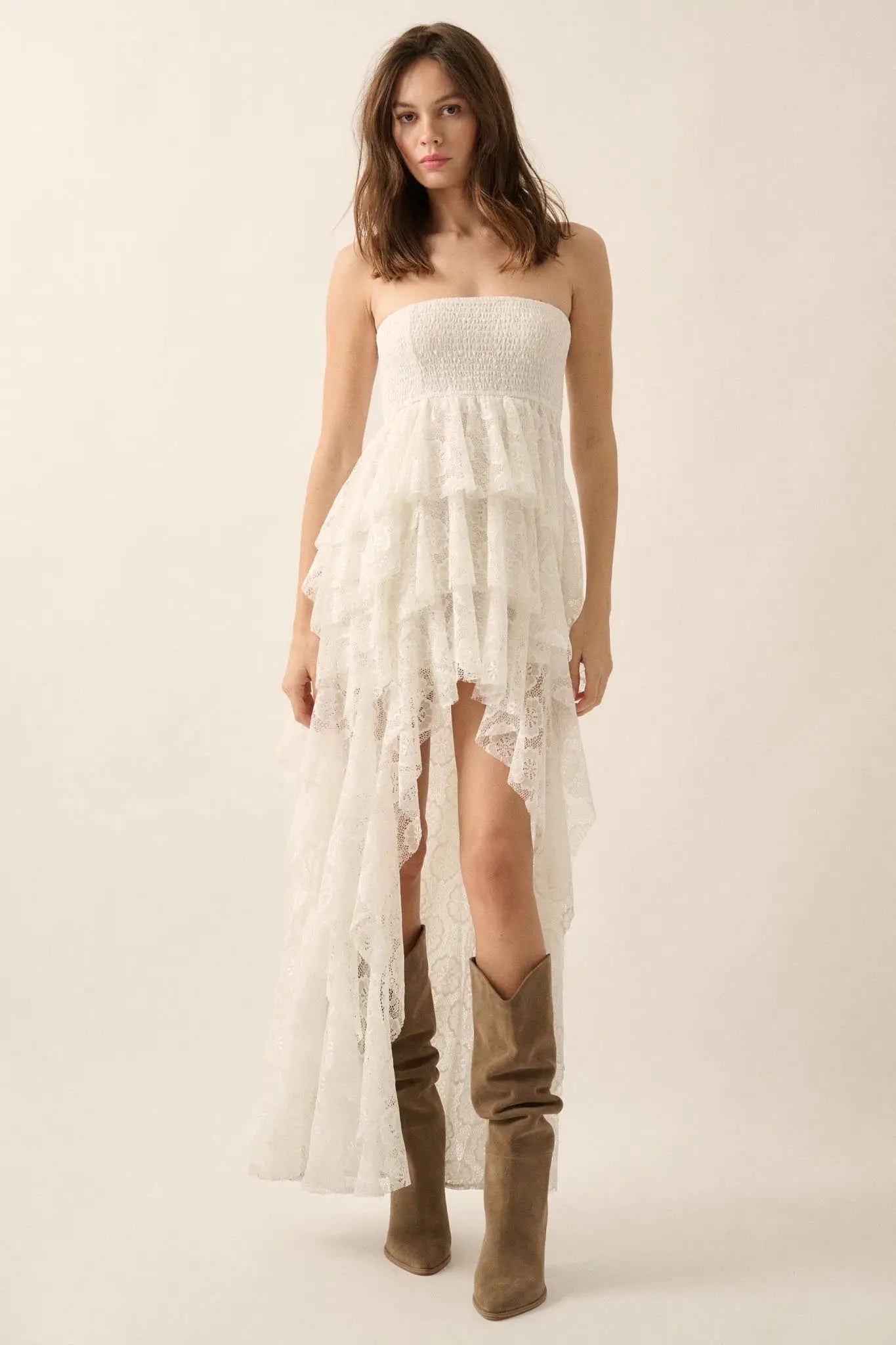 Ever After Asymmetrical Lace Strapless Maxi Dress - ShopPromesa