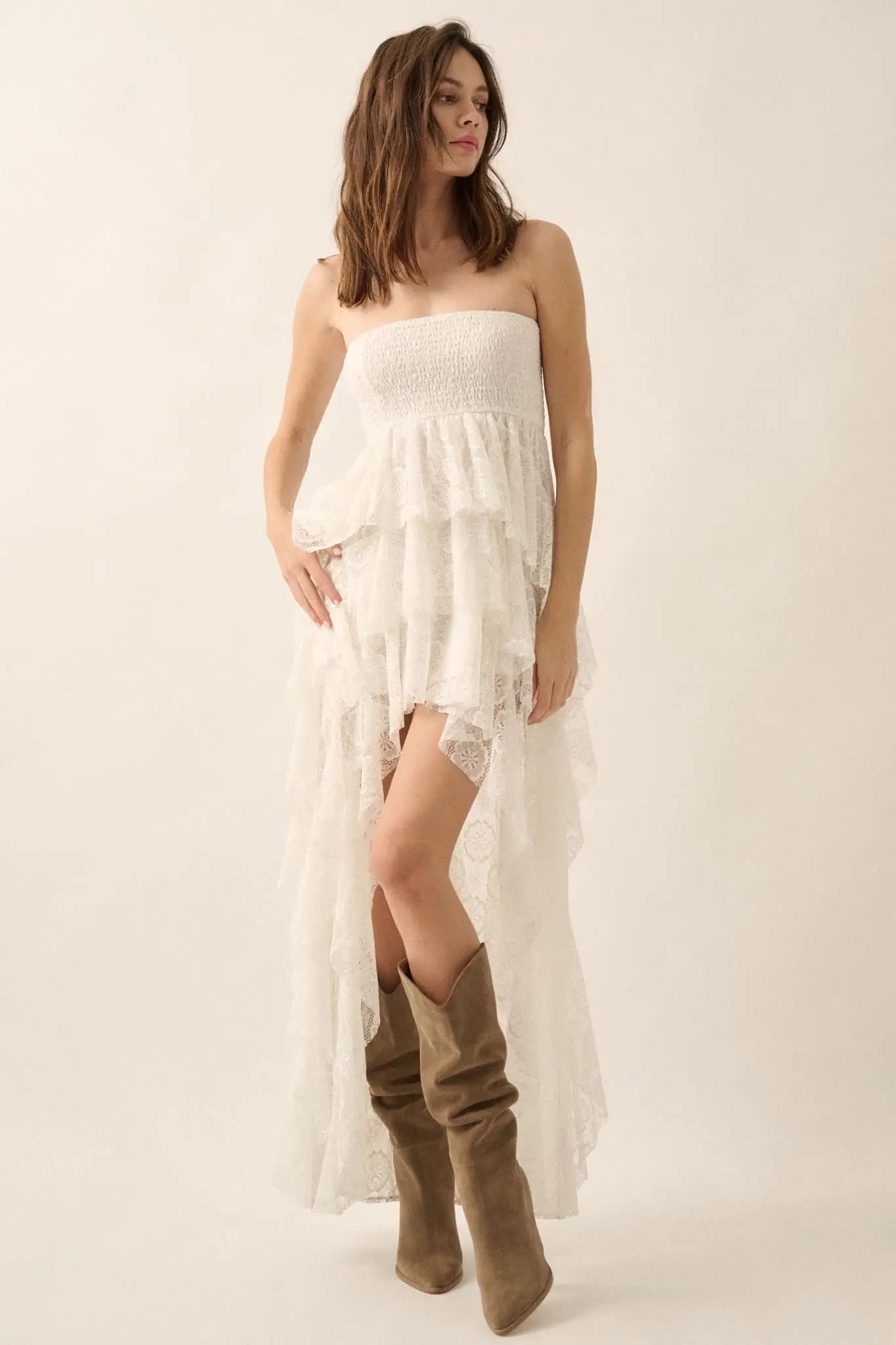 Ever After Asymmetrical Lace Strapless Maxi Dress - ShopPromesa