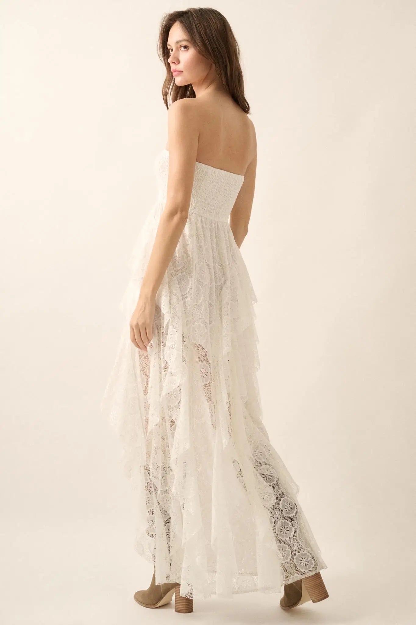 Ever After Asymmetrical Lace Strapless Maxi Dress - ShopPromesa