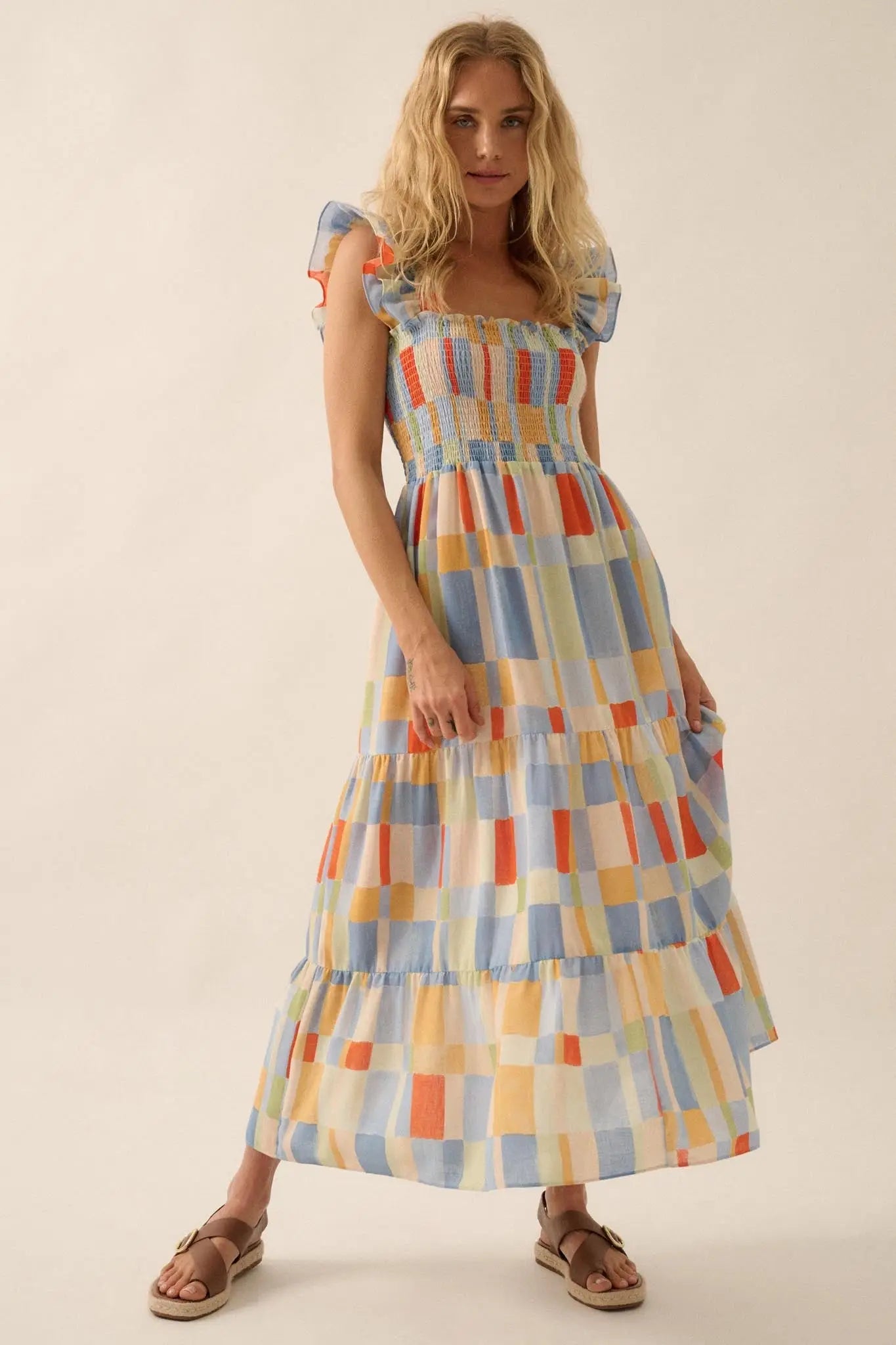 Bright Spirit Multicolor Check Ruffle Maxi Dress Blue & Butter / M Bright Spirit Multicolor Check Ruffle Maxi Dress Blue & Butter / M