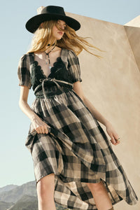 True Country Plaid and Lace Puff-Sleeve Midi Dress - ShopPromesa