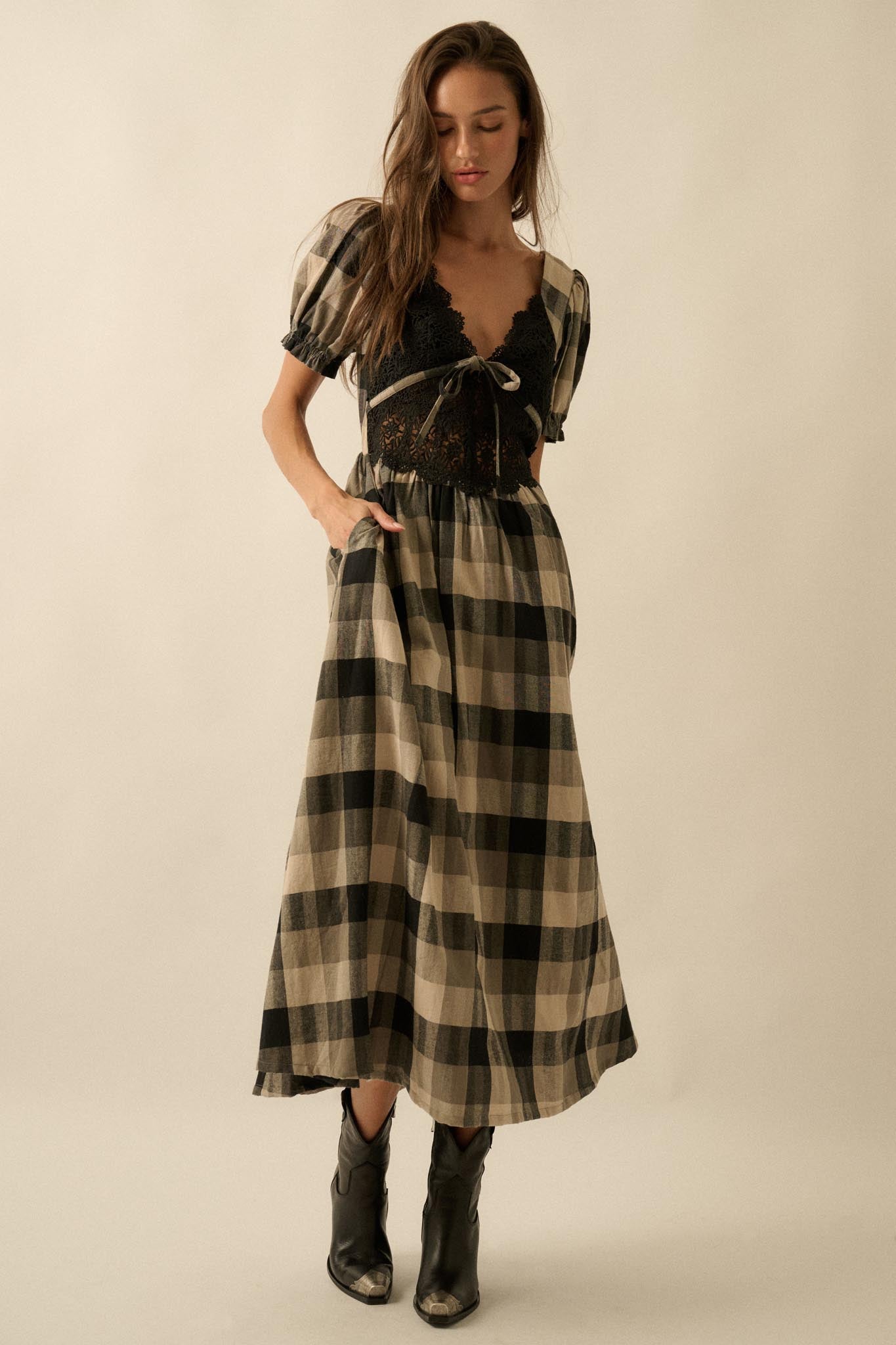 True Country Plaid and Lace Puff-Sleeve Midi Dress, Black / L True Country Plaid and Lace Puff-Sleeve Midi Dress, Black / L