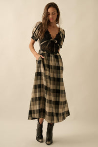True Country Plaid and Lace Puff-Sleeve Midi Dress - ShopPromesa