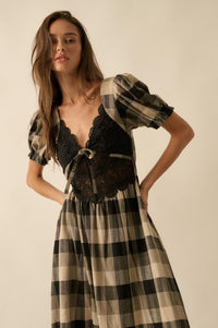 True Country Plaid and Lace Puff-Sleeve Midi Dress - ShopPromesa