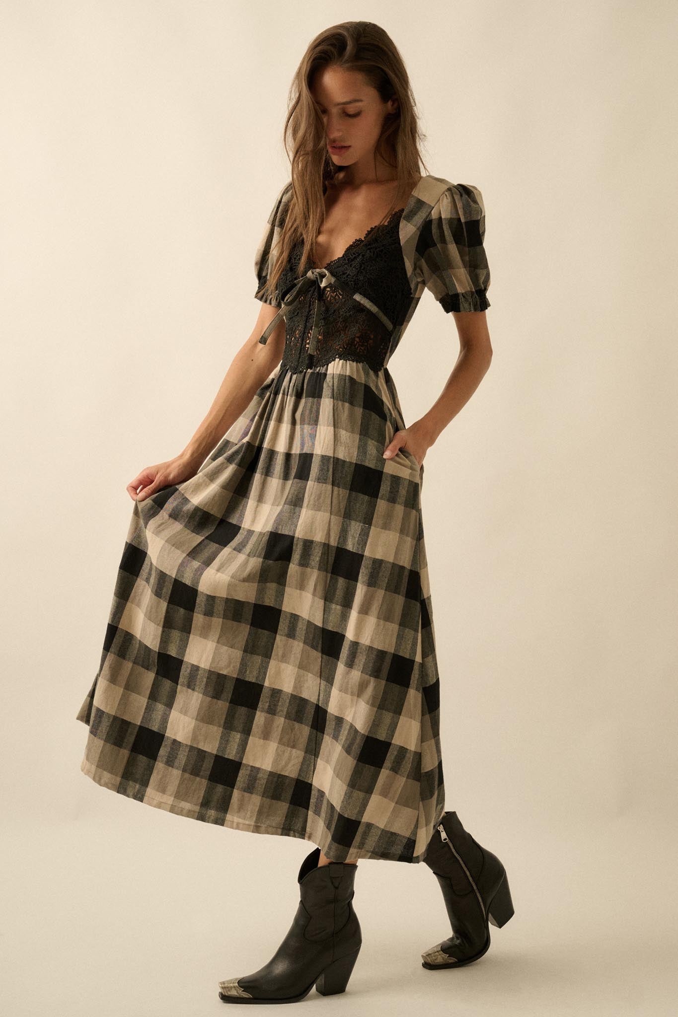 True Country Plaid and Lace Puff-Sleeve Midi Dress, Black / L True Country Plaid and Lace Puff-Sleeve Midi Dress, Black / L