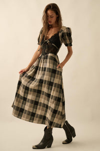 True Country Plaid and Lace Puff-Sleeve Midi Dress - ShopPromesa