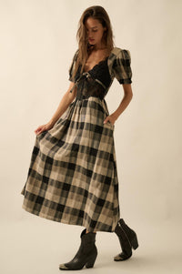 True Country Plaid and Lace Puff-Sleeve Midi Dress - ShopPromesa