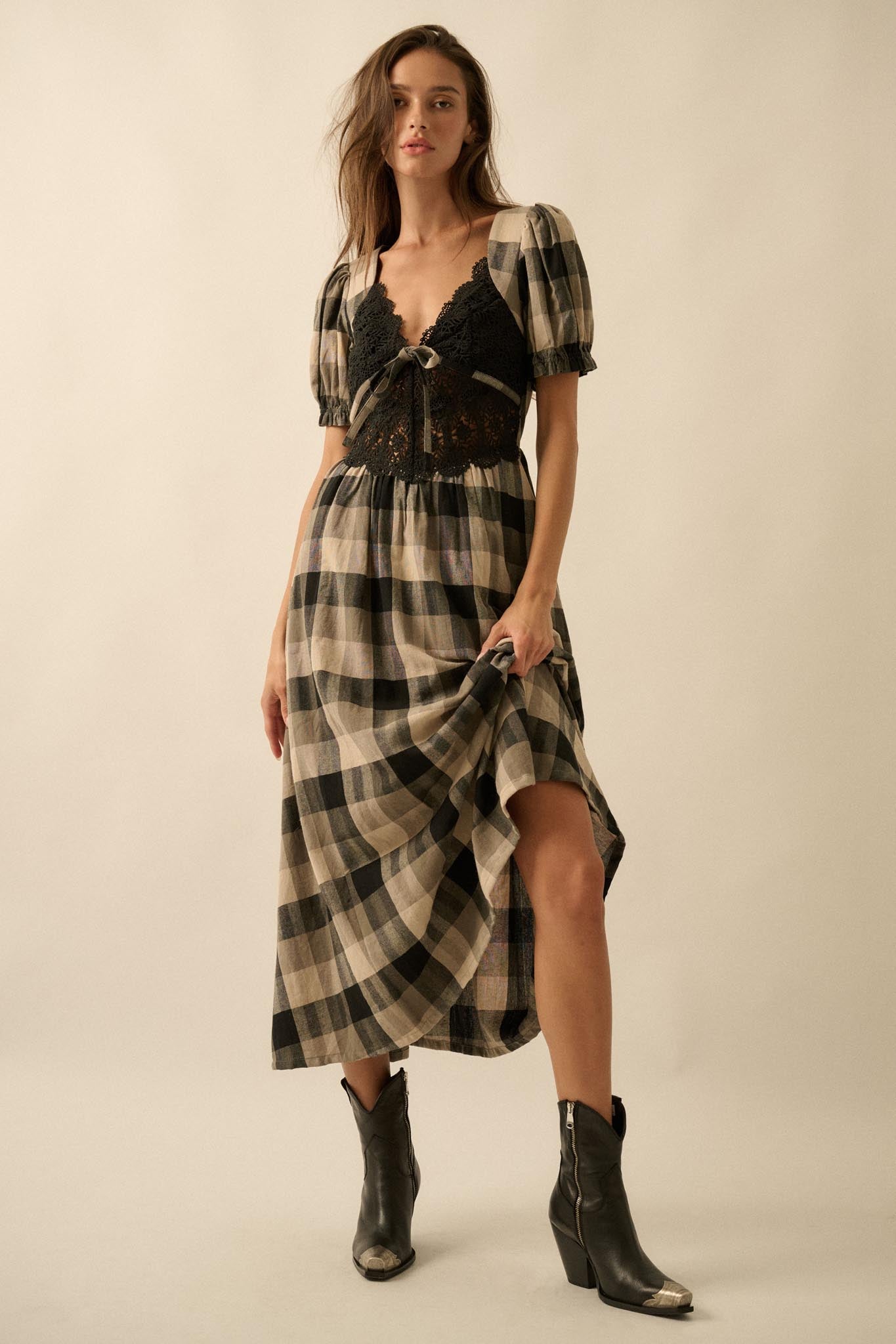 True Country Plaid and Lace Puff-Sleeve Midi Dress, Black / L True Country Plaid and Lace Puff-Sleeve Midi Dress, Black / L