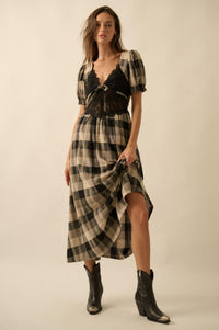 True Country Plaid and Lace Puff-Sleeve Midi Dress - ShopPromesa