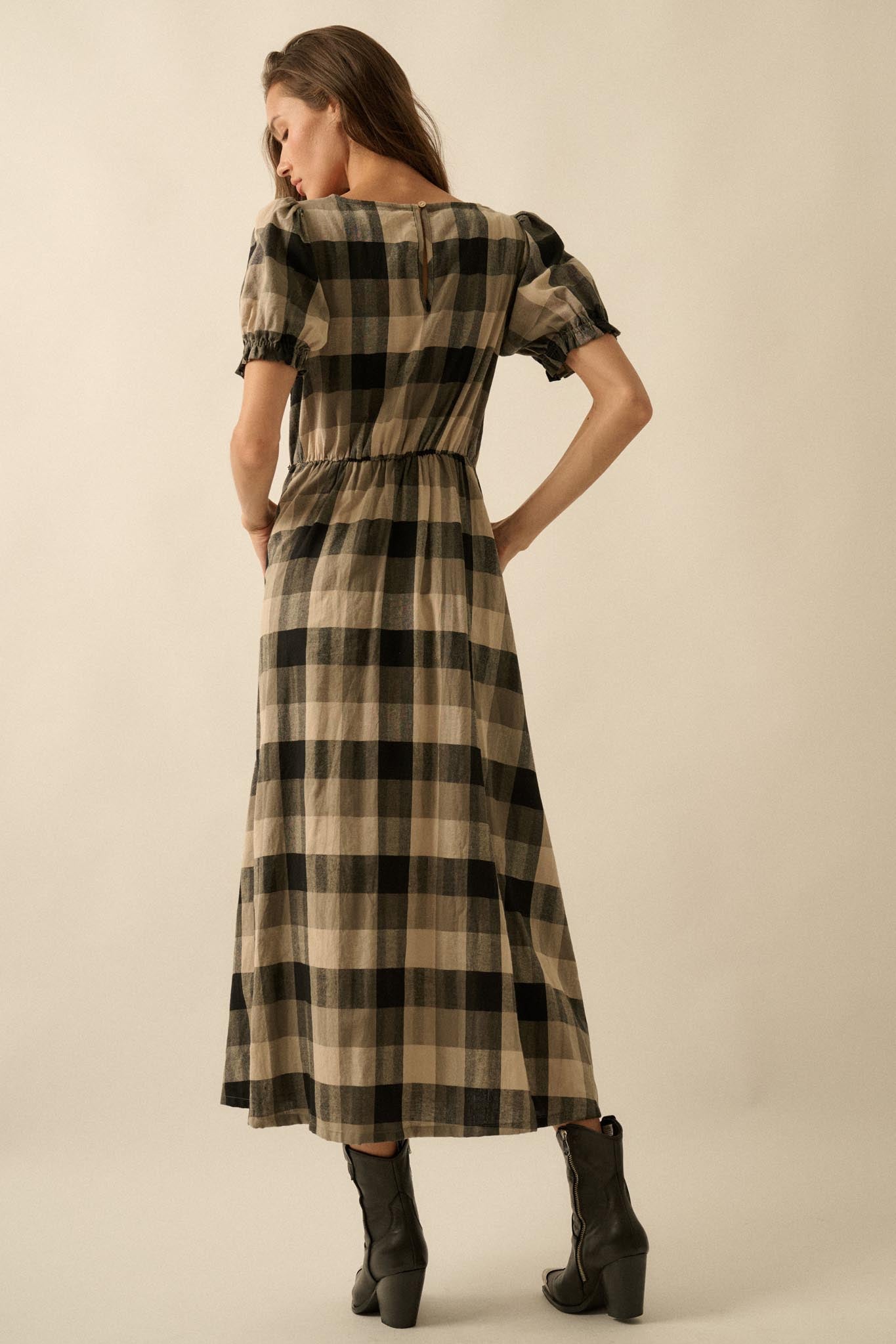 True Country Plaid and Lace Puff-Sleeve Midi Dress, Black / L True Country Plaid and Lace Puff-Sleeve Midi Dress, Black / L