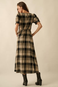 True Country Plaid and Lace Puff-Sleeve Midi Dress - ShopPromesa