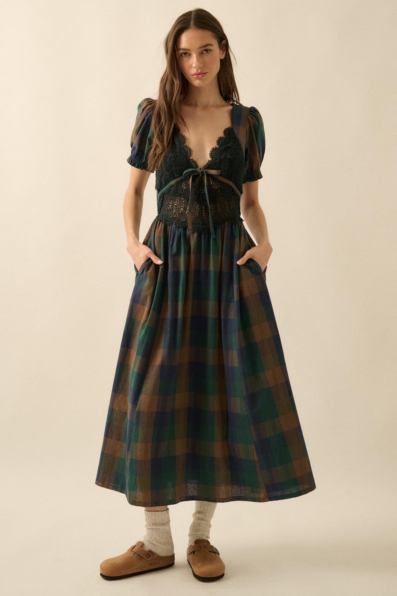 True Country Plaid and Lace Puff-Sleeve Midi Dress - ShopPromesa
